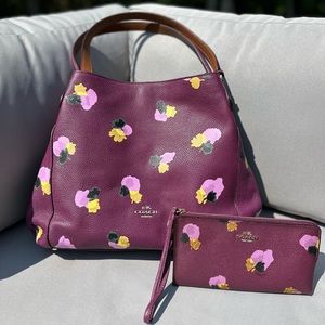 Coach Edie 31 Plum Floral Leather Shoulder Bag w/ Coach Floral Zip Wallet
